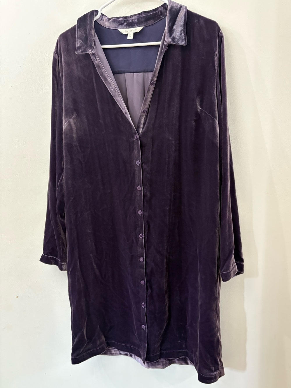 Garnet Hill Velvet Button-Front shift dress in dark purple- medium -silk blend